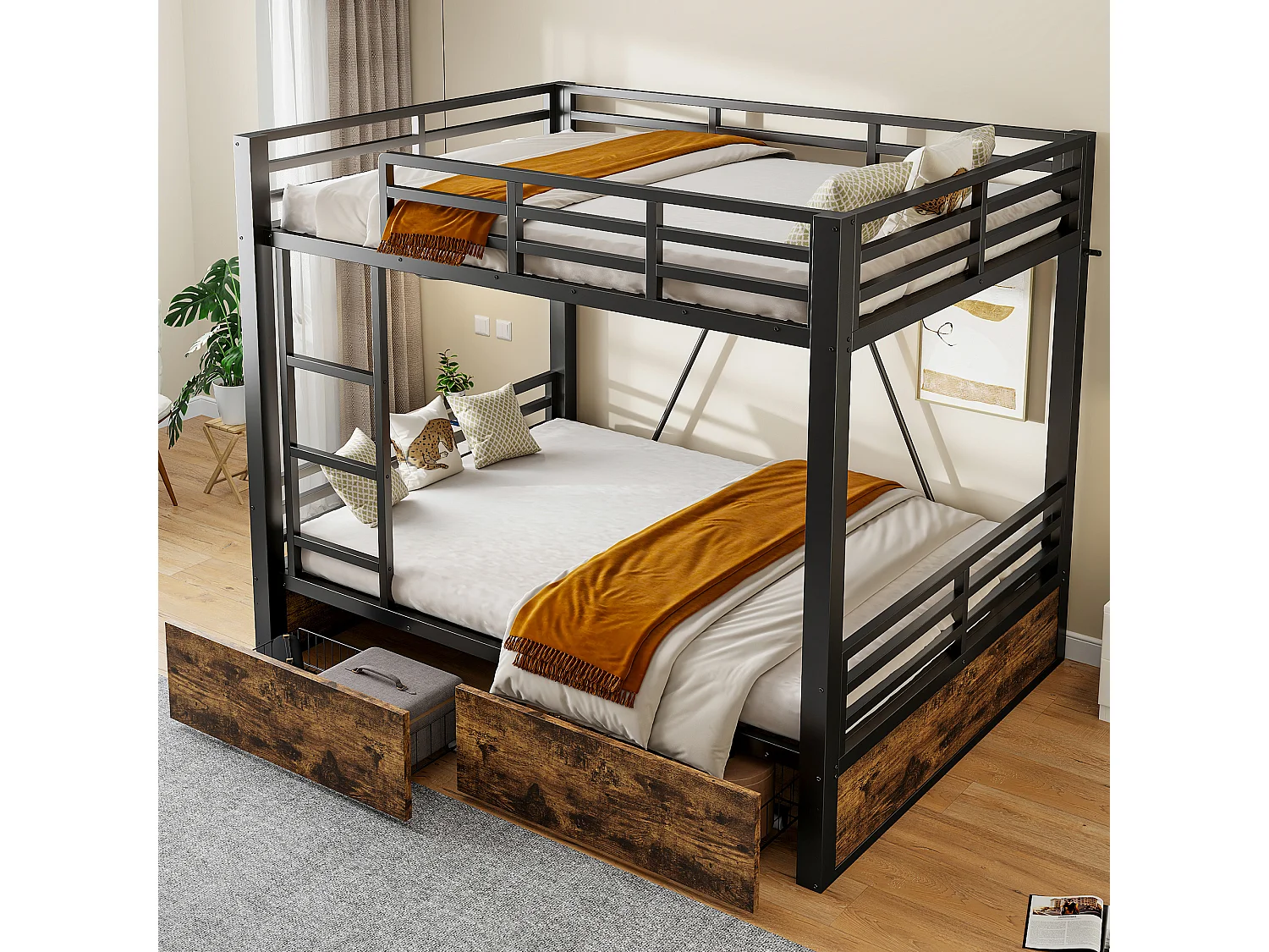 Letto a castello 140 x 200 cm con 2 cassetti, scaletta e sponde di sicurezza - Metallo + MDF - Nero (Materasso non incluso)