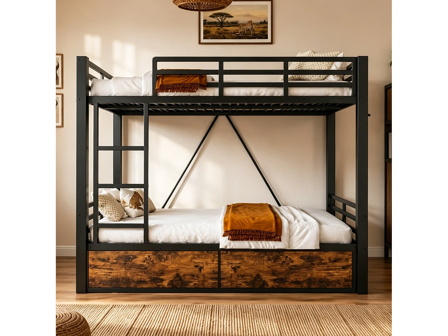 Letto a castello 140 x 200 cm con 2 cassetti, scaletta e sponde di sicurezza - Metallo + MDF - Nero (Materasso non incluso)