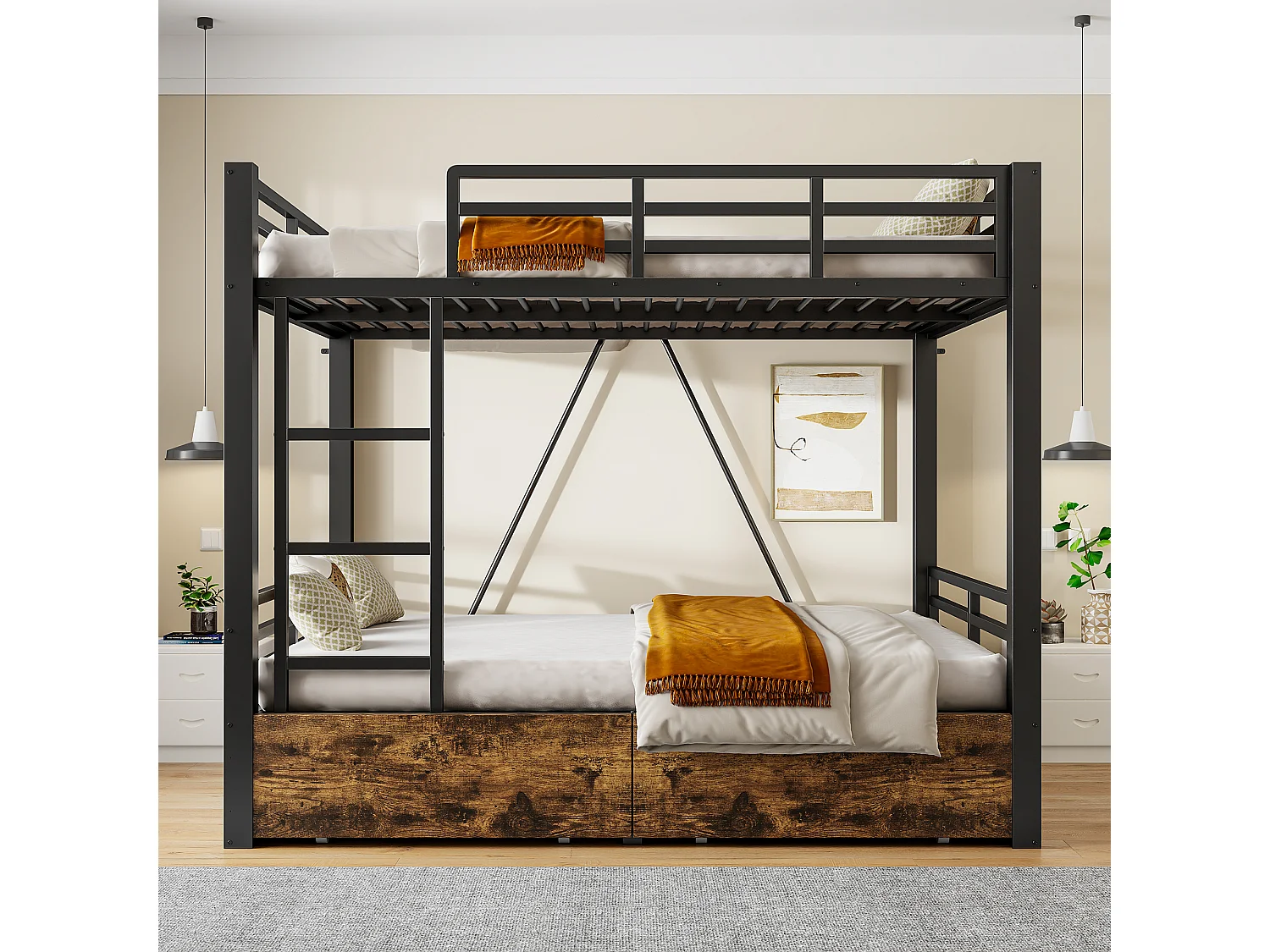 Letto a castello 140 x 200 cm con 2 cassetti, scaletta e sponde di sicurezza - Metallo + MDF - Nero (Materasso non incluso)
