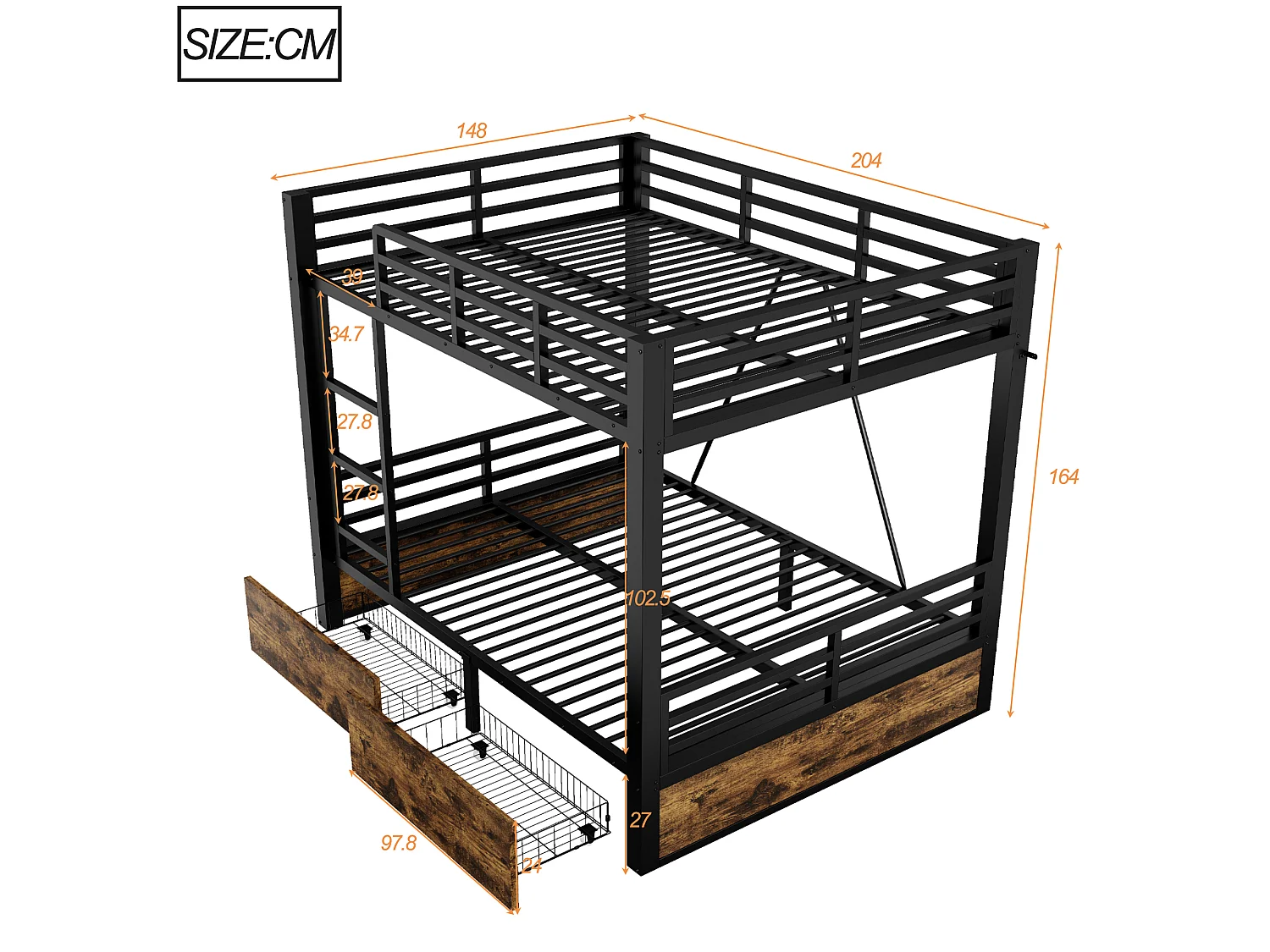 Letto a castello 140 x 200 cm con 2 cassetti, scaletta e sponde di sicurezza - Metallo + MDF - Nero (Materasso non incluso)