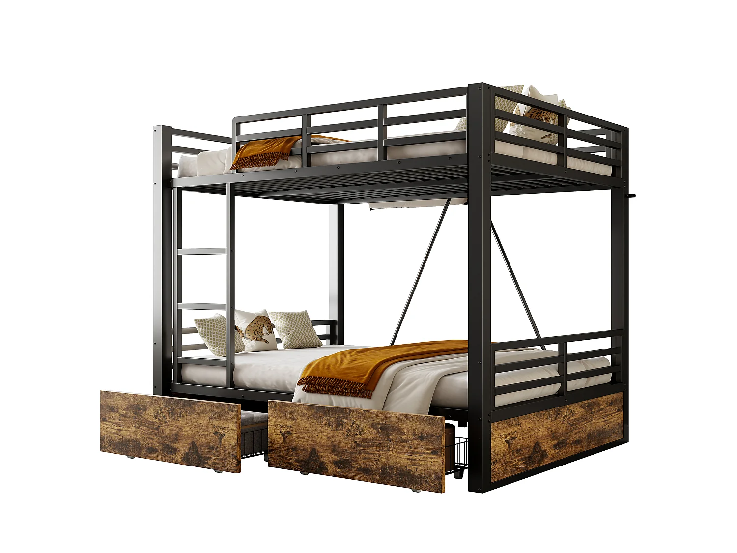 Letto a castello 140 x 200 cm con 2 cassetti, scaletta e sponde di sicurezza - Metallo + MDF - Nero (Materasso non incluso)