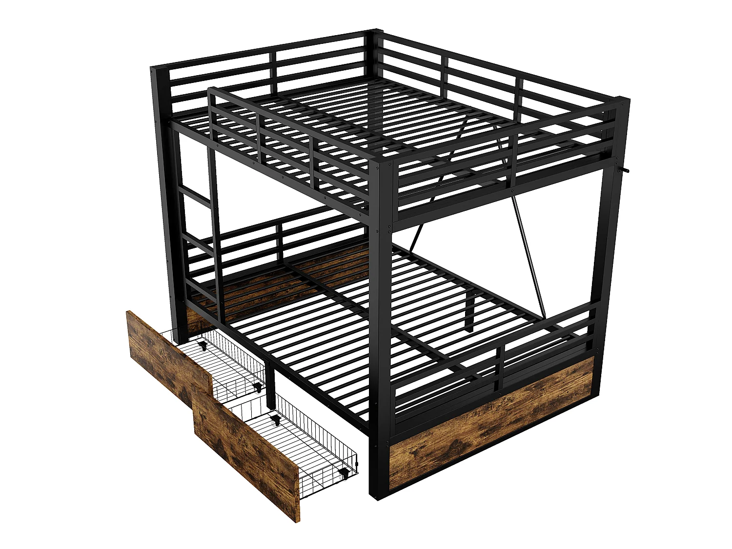Letto a castello 140 x 200 cm con 2 cassetti, scaletta e sponde di sicurezza - Metallo + MDF - Nero (Materasso non incluso)