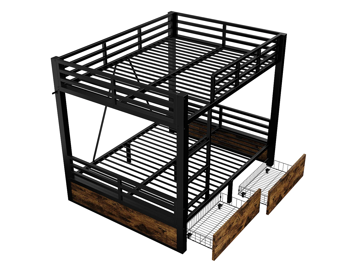 Letto a castello 140 x 200 cm con 2 cassetti, scaletta e sponde di sicurezza - Metallo + MDF - Nero (Materasso non incluso)