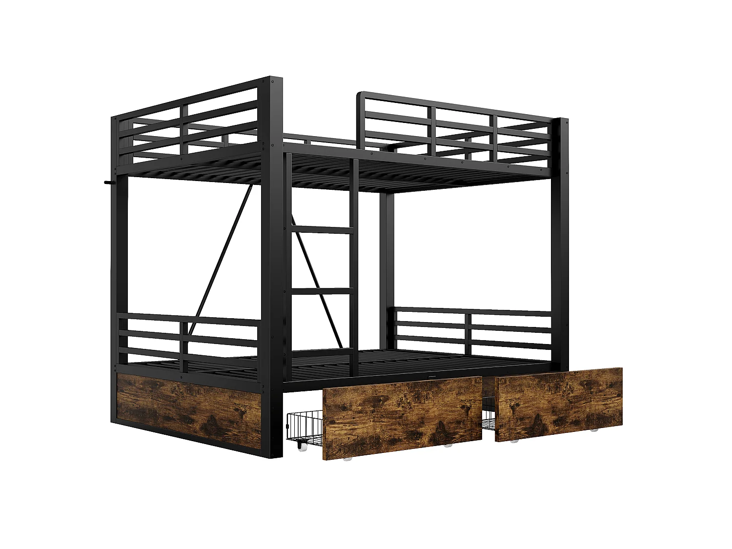 Letto a castello 140 x 200 cm con 2 cassetti, scaletta e sponde di sicurezza - Metallo + MDF - Nero (Materasso non incluso)