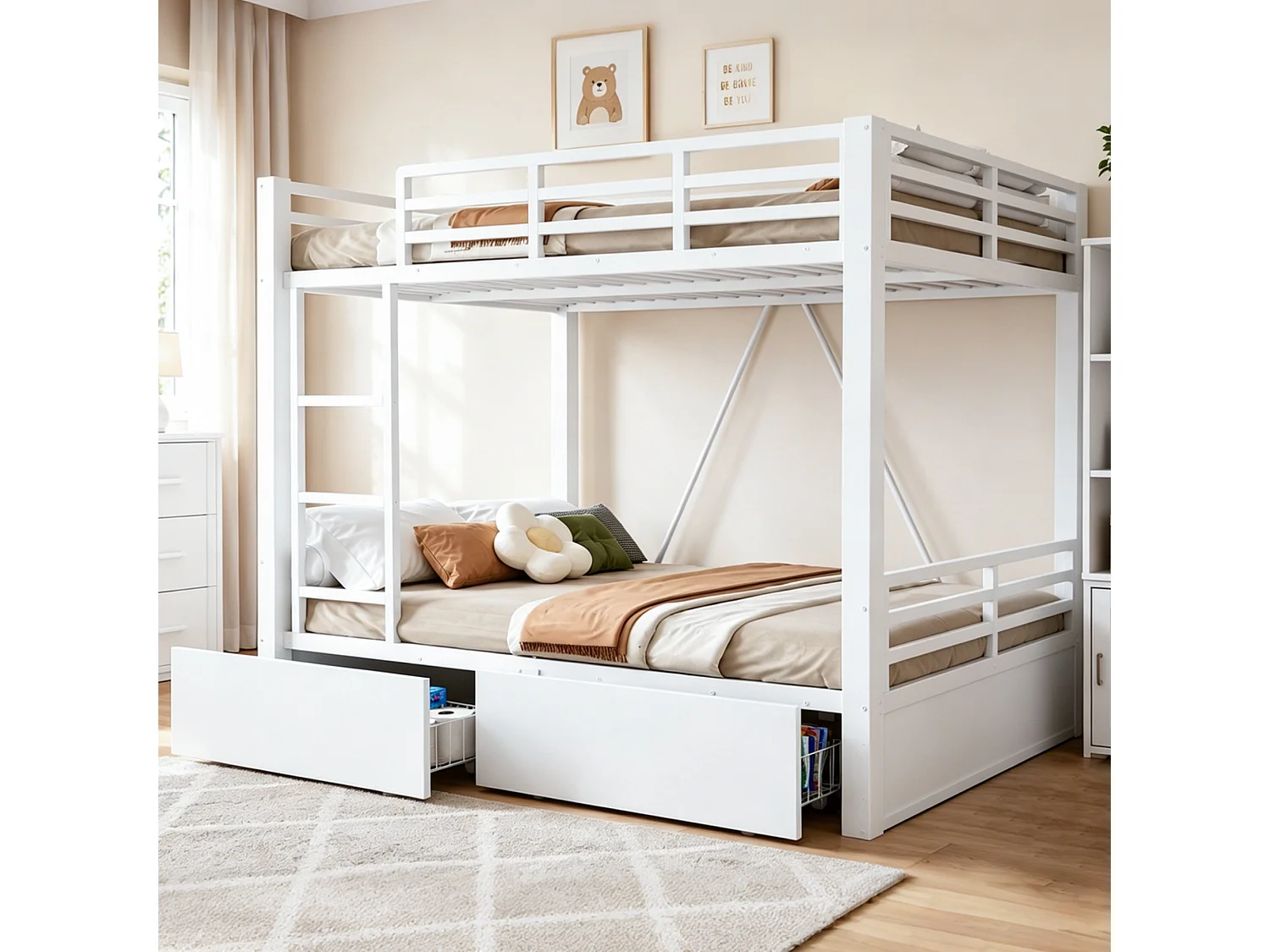 Letto a castello 140 x 200 cm con 2 cassetti, scaletta e sponde di sicurezza - Metallo + MDF - Bianco (Materasso non incluso)
