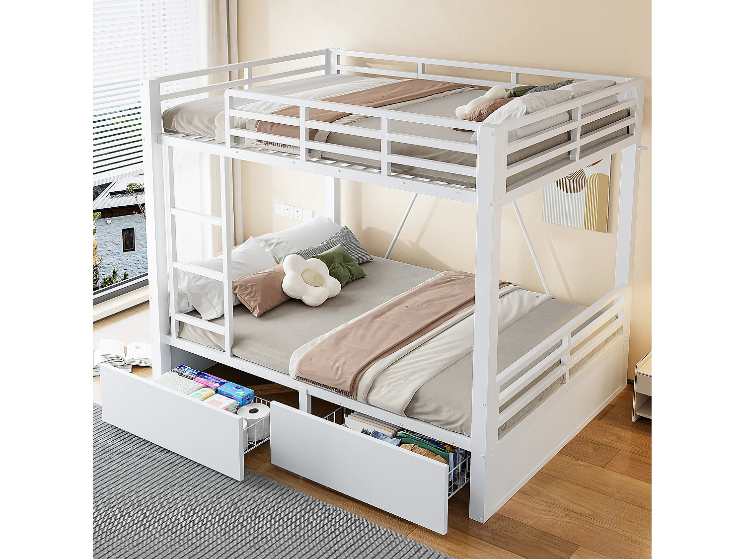 Letto a castello 140 x 200 cm con 2 cassetti, scaletta e sponde di sicurezza - Metallo + MDF - Bianco (Materasso non incluso)