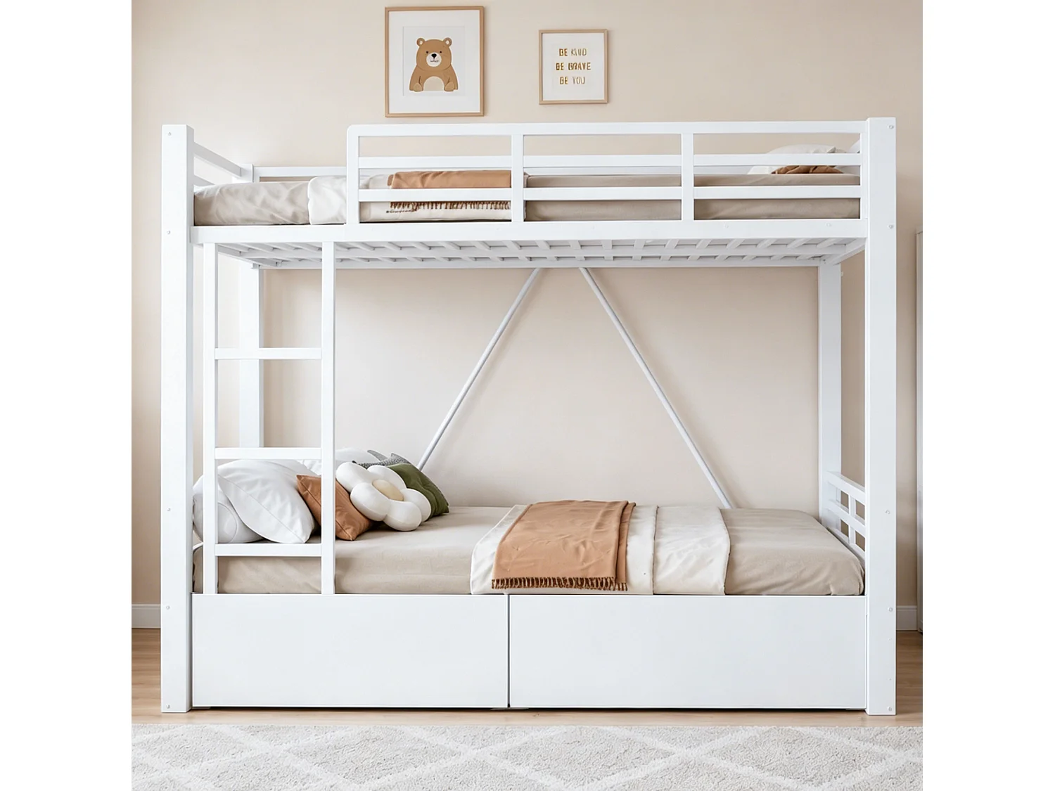 Letto a castello 140 x 200 cm con 2 cassetti, scaletta e sponde di sicurezza - Metallo + MDF - Bianco (Materasso non incluso)