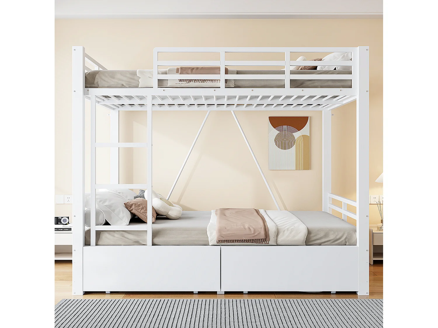 Letto a castello 140 x 200 cm con 2 cassetti, scaletta e sponde di sicurezza - Metallo + MDF - Bianco (Materasso non incluso)