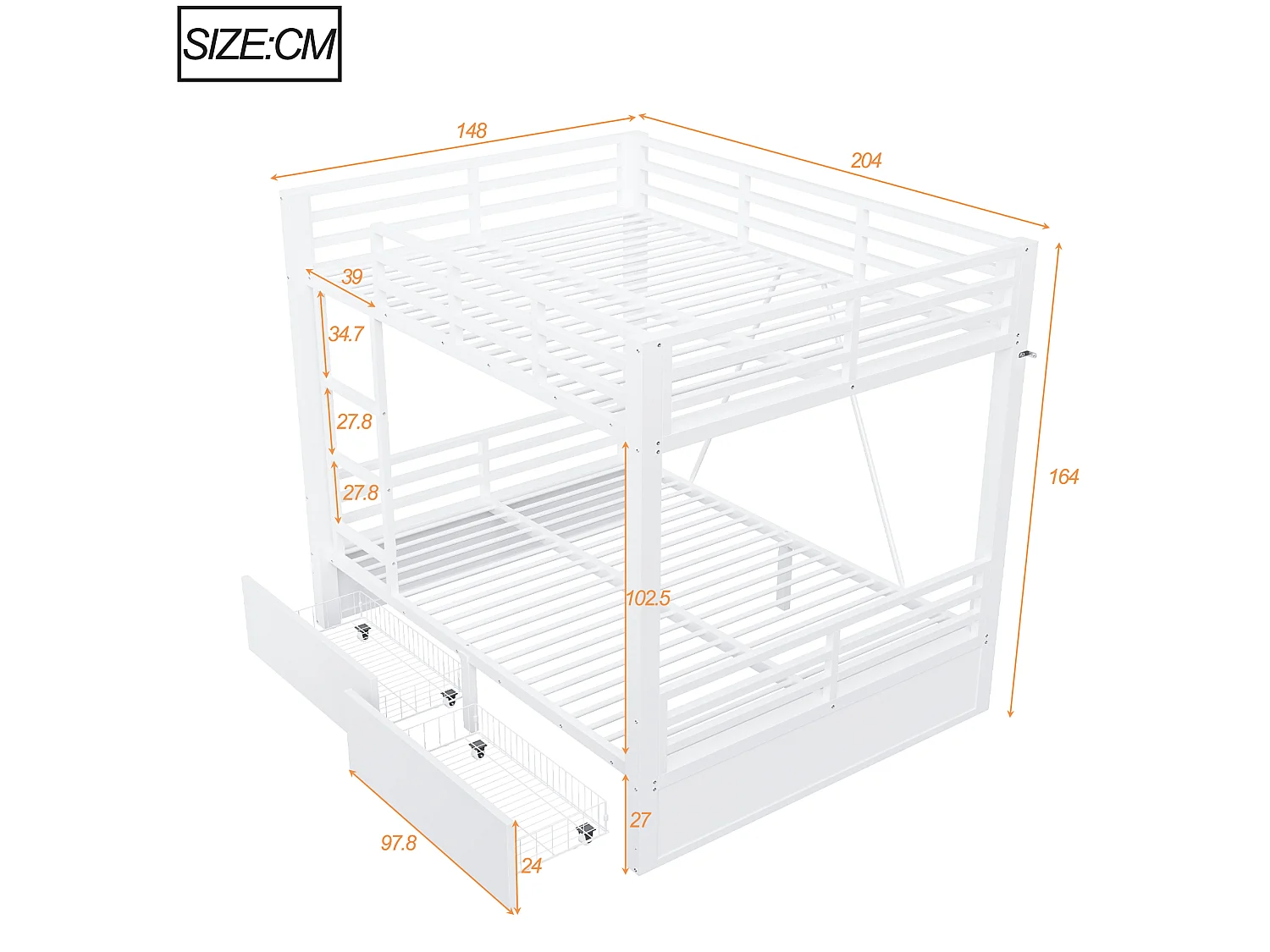 Letto a castello 140 x 200 cm con 2 cassetti, scaletta e sponde di sicurezza - Metallo + MDF - Bianco (Materasso non incluso)