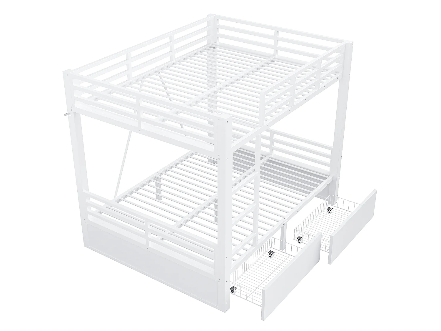 Letto a castello 140 x 200 cm con 2 cassetti, scaletta e sponde di sicurezza - Metallo + MDF - Bianco (Materasso non incluso)