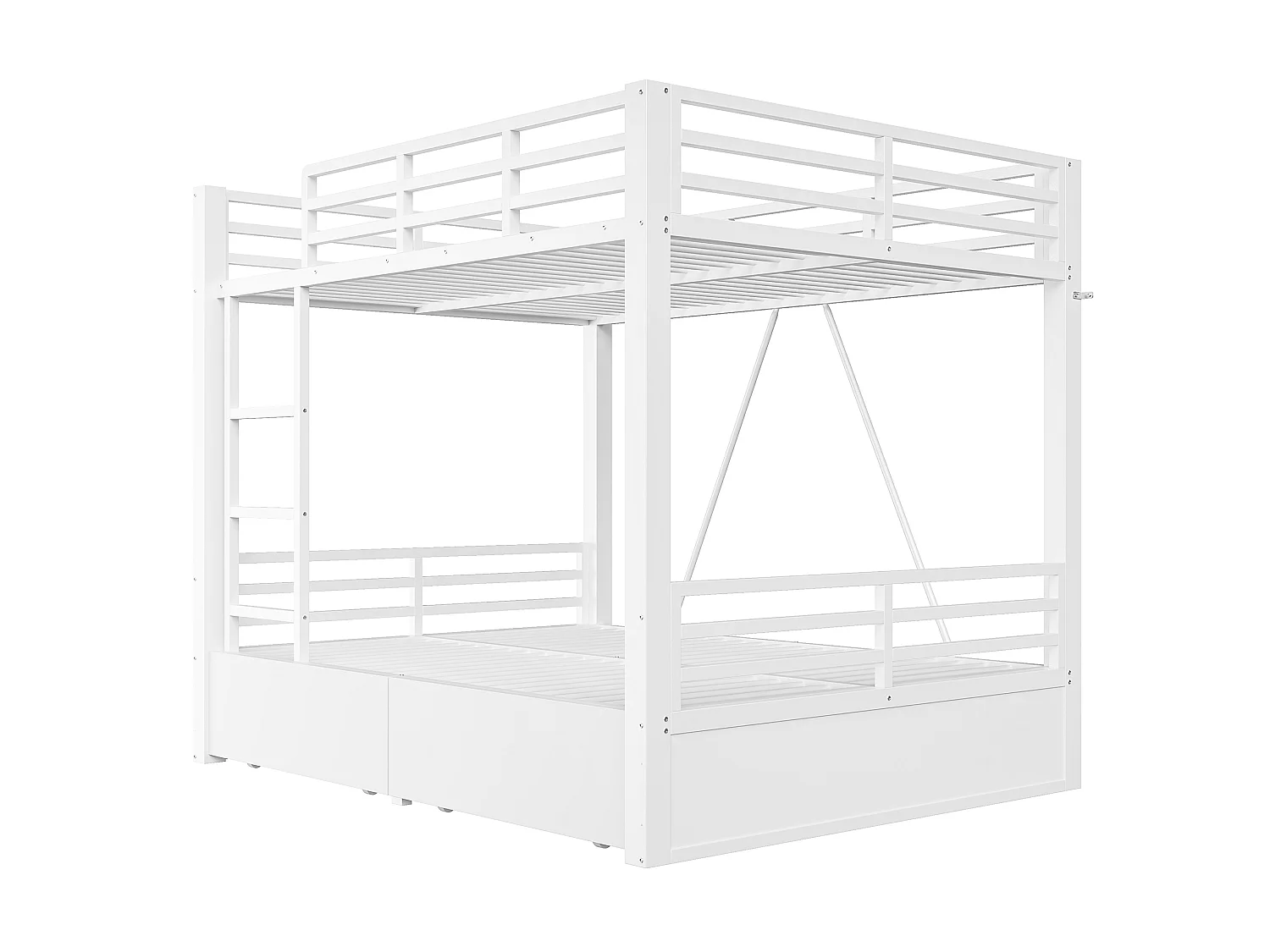 Letto a castello 140 x 200 cm con 2 cassetti, scaletta e sponde di sicurezza - Metallo + MDF - Bianco (Materasso non incluso)