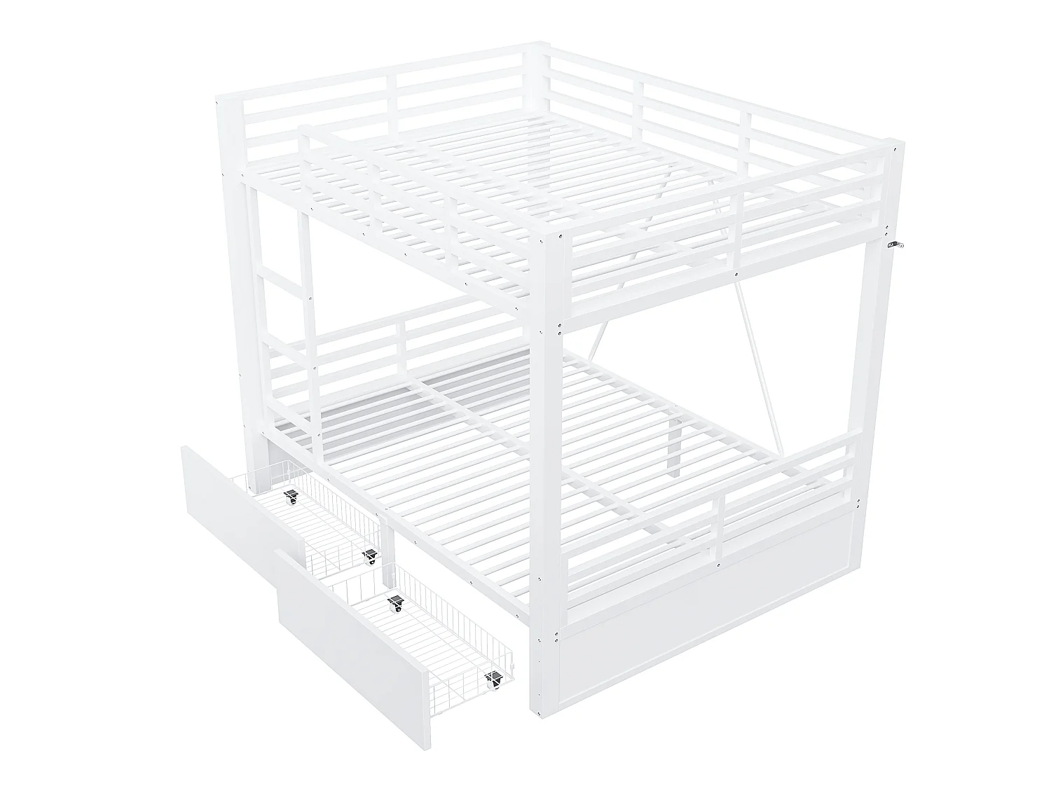 Letto a castello 140 x 200 cm con 2 cassetti, scaletta e sponde di sicurezza - Metallo + MDF - Bianco (Materasso non incluso)