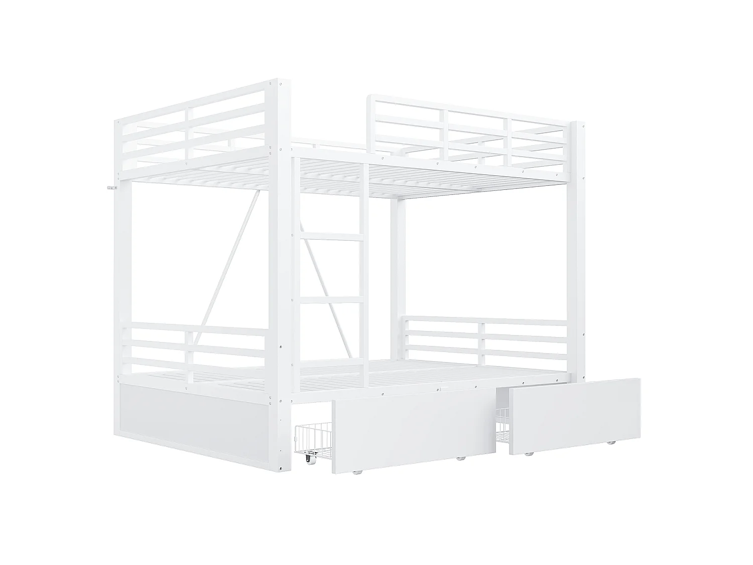 Letto a castello 140 x 200 cm con 2 cassetti, scaletta e sponde di sicurezza - Metallo + MDF - Bianco (Materasso non incluso)