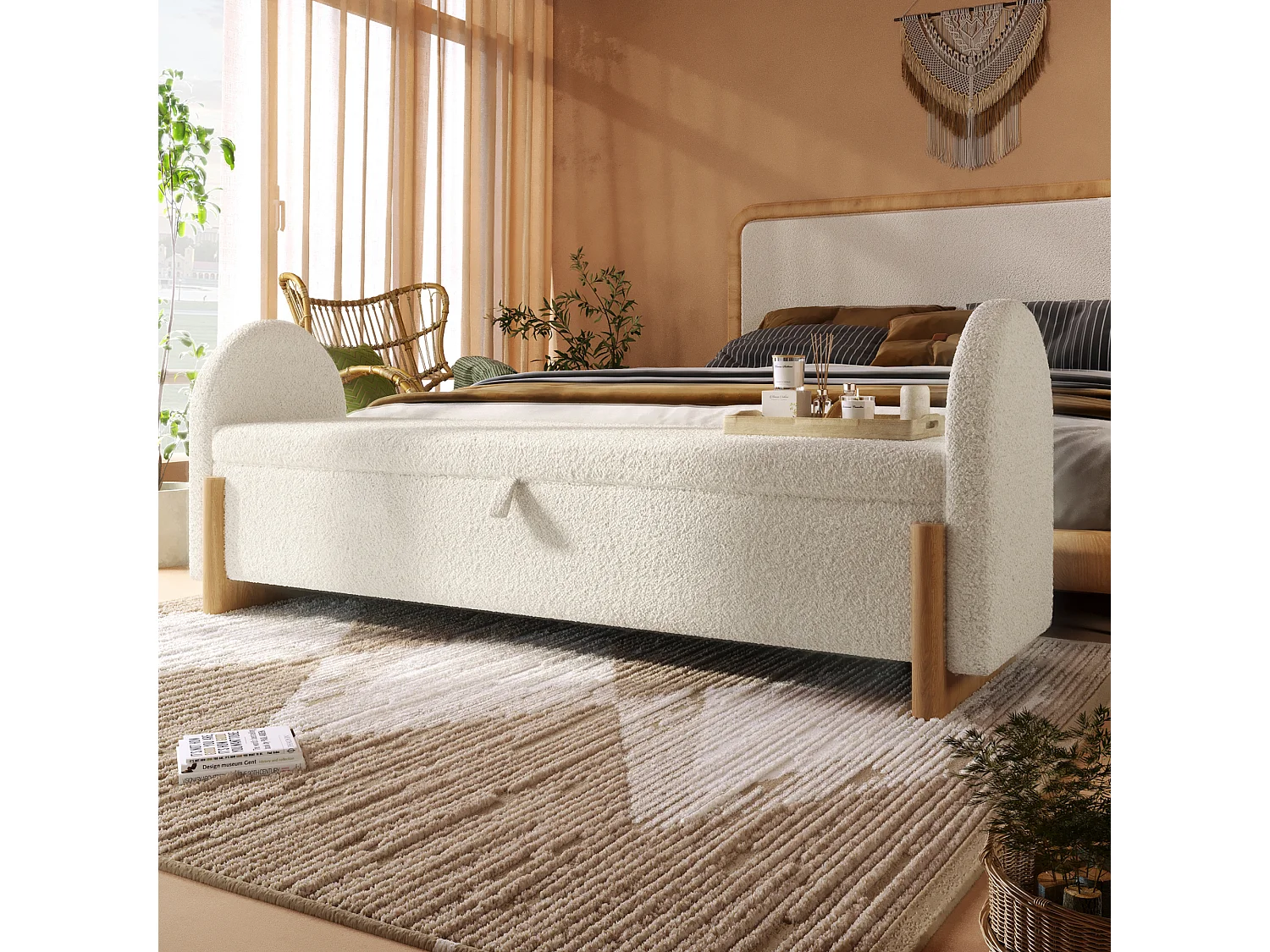 Banc coffre rembourré 146x47x61cm - pieds en bois en forme de U - chenille bouclé + bois massif + MDF - Blanc