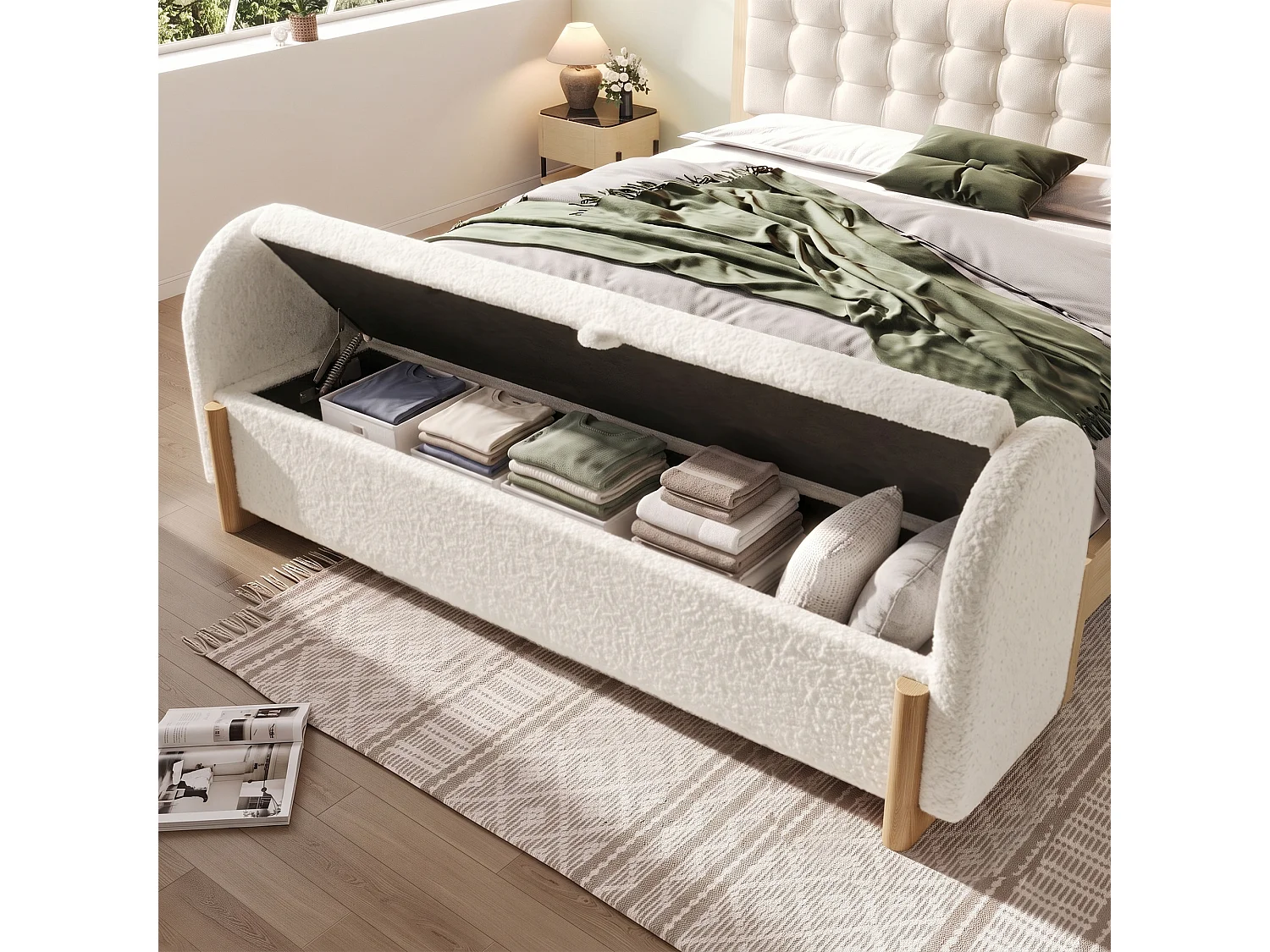Banc coffre rembourré 146x47x61cm - pieds en bois en forme de U - chenille bouclé + bois massif + MDF - Blanc
