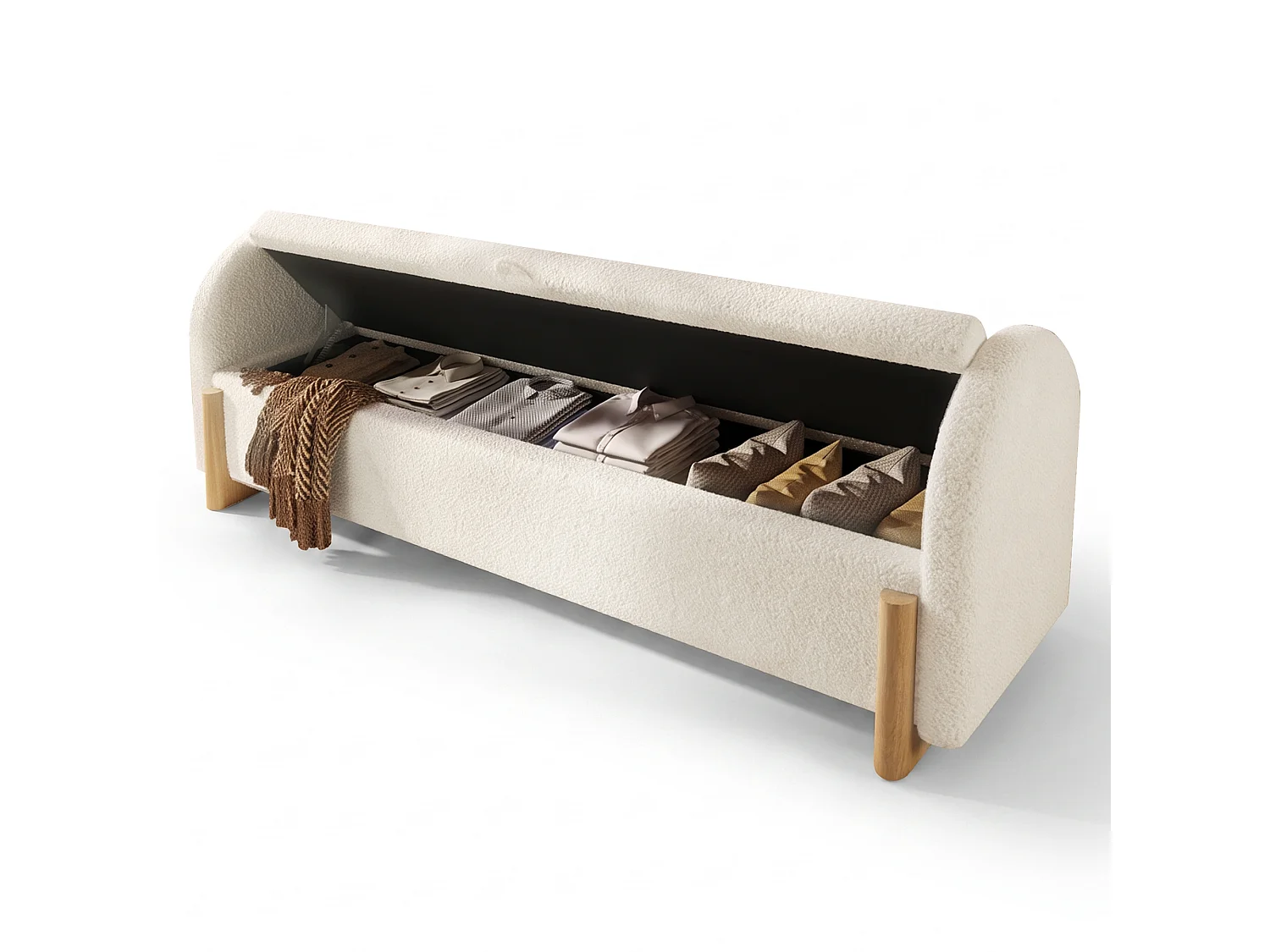 Banc coffre rembourré 146x47x61cm - pieds en bois en forme de U - chenille bouclé + bois massif + MDF - Blanc