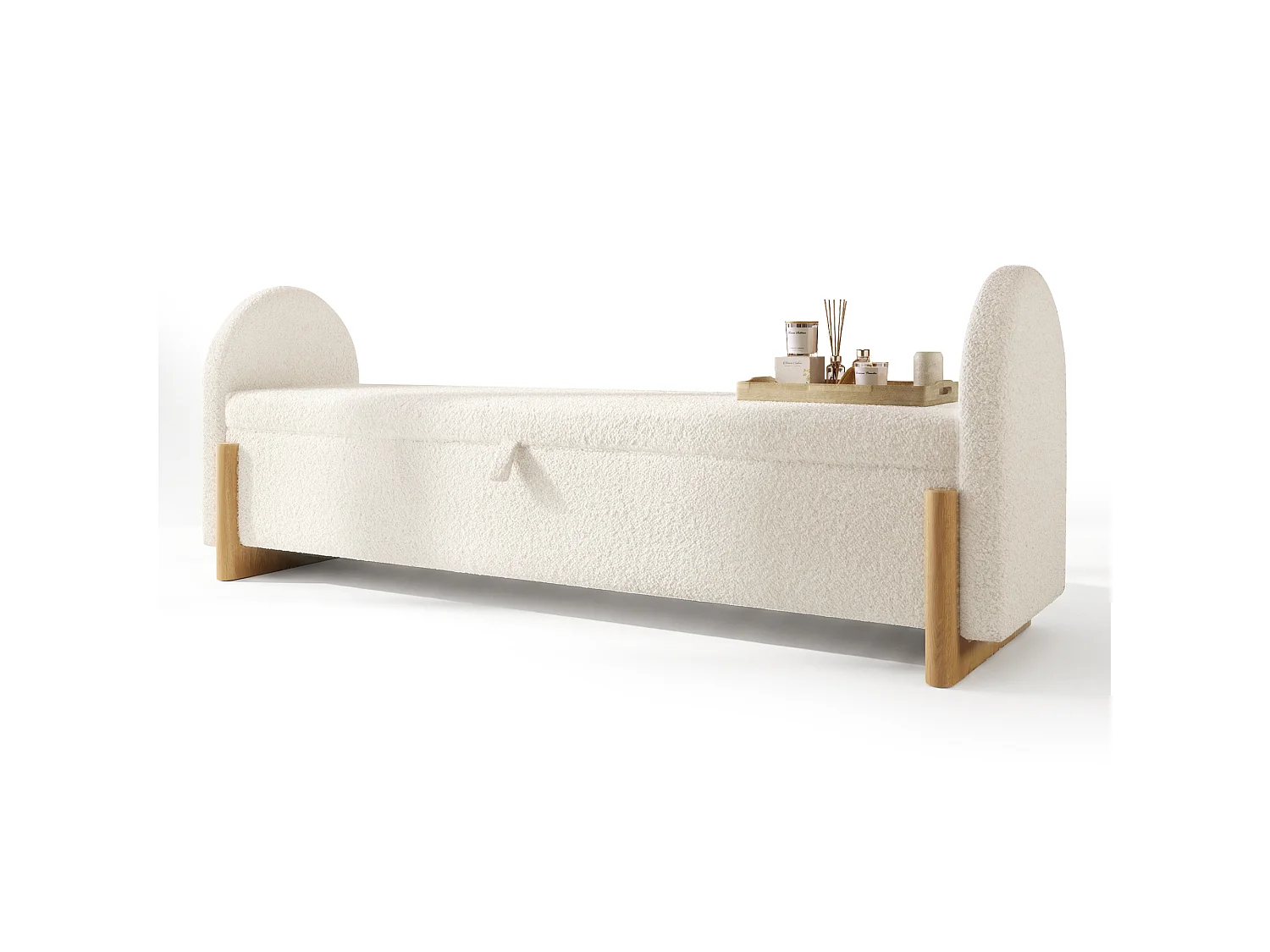 Banc coffre rembourré 146x47x61cm - pieds en bois en forme de U - chenille bouclé + bois massif + MDF - Blanc