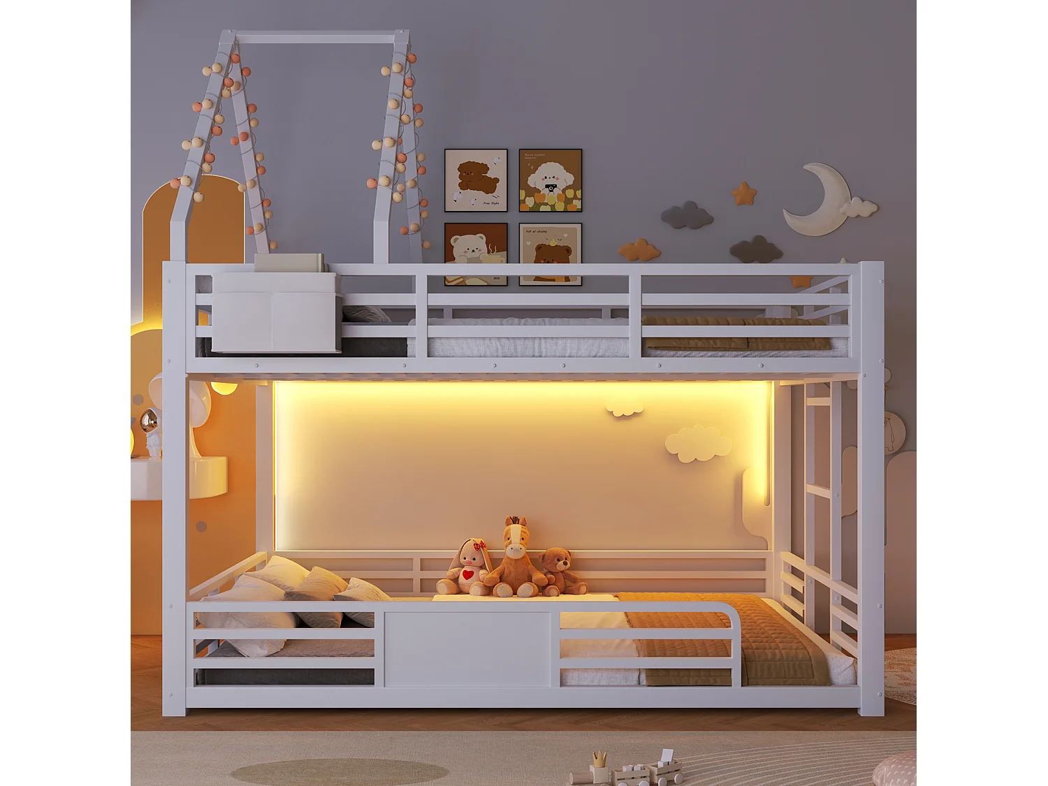 Hochbett aus Metall 140x200 cm - Mit LED, Stoff-Aufbewahrungstaschen - Mit Sicherheitsbarrieren - Weiß (ohne Matratze)