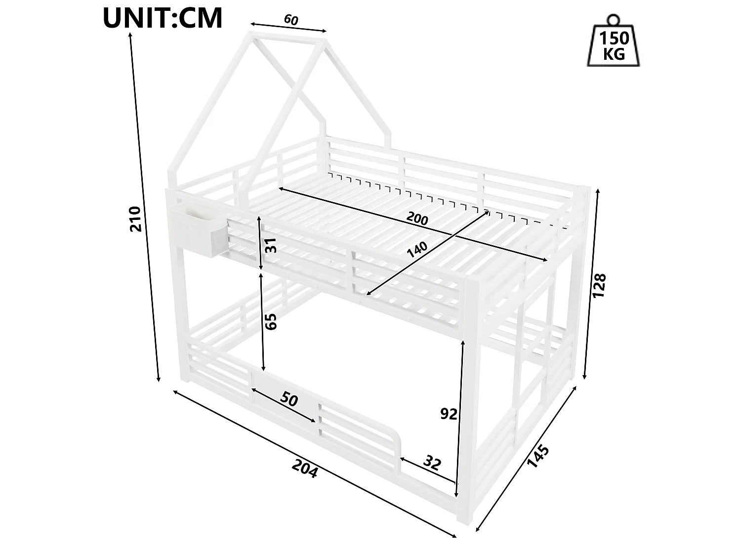 Hochbett aus Metall 140x200 cm - Mit LED, Stoff-Aufbewahrungstaschen - Mit Sicherheitsbarrieren - Weiß (ohne Matratze)