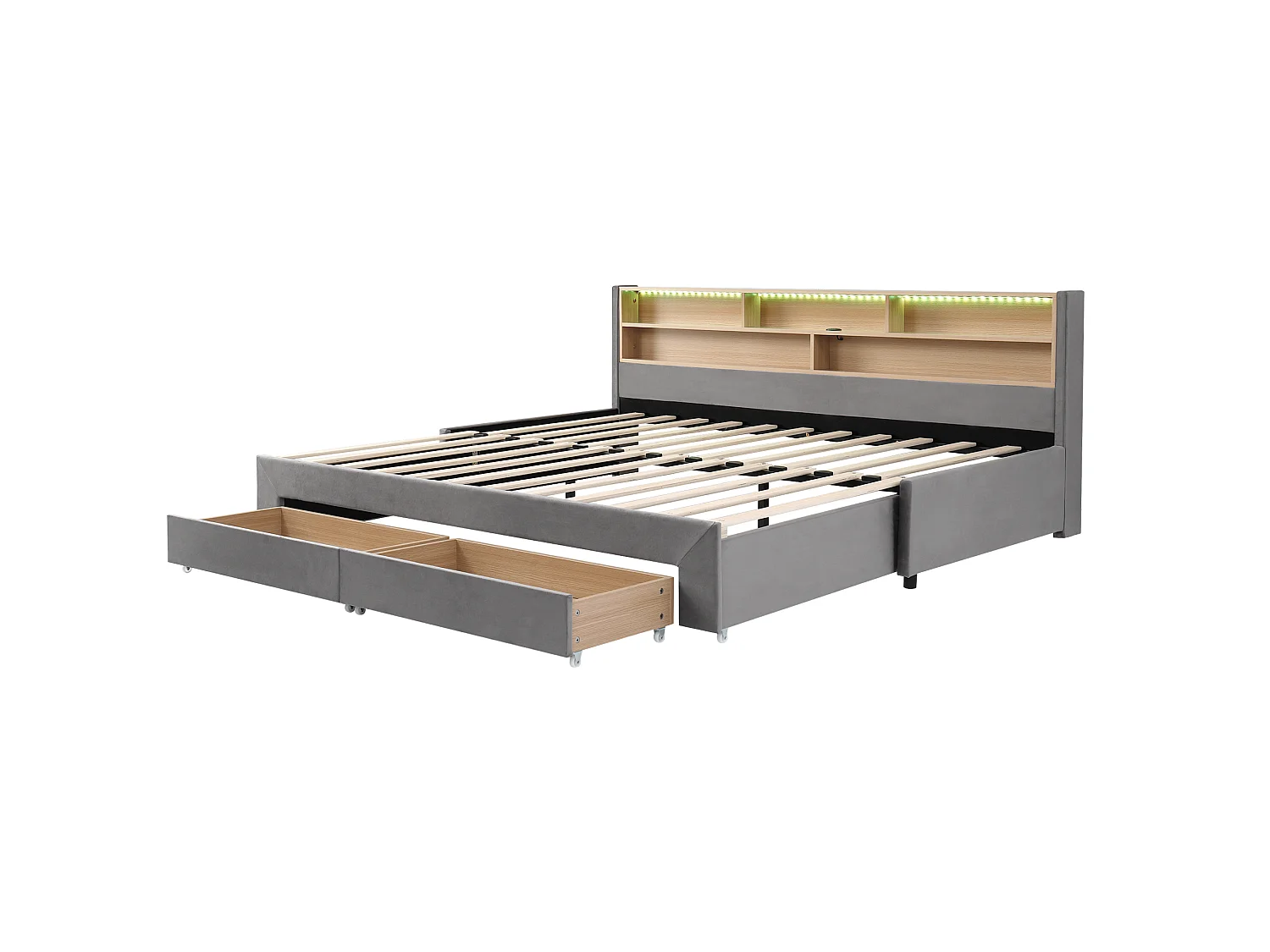 Trundle bed 90 x 200 cm convertible to 180 x 200 cm with 2 storage drawers, USB, LED - Velvet - Grey (Mattress not included)