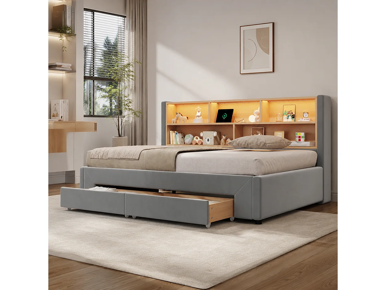 Trundle bed 90 x 200 cm convertible to 180 x 200 cm with 2 storage drawers, USB, LED - Velvet - Grey (Mattress not included)