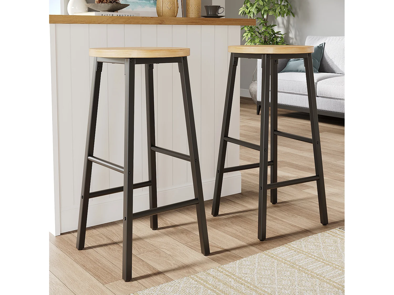 Lot de 2 Tabouret de bar avec repose-pieds et pieds réglables - MDF/métal - 30 x 30 x 63 cm - Noir + bois naturel