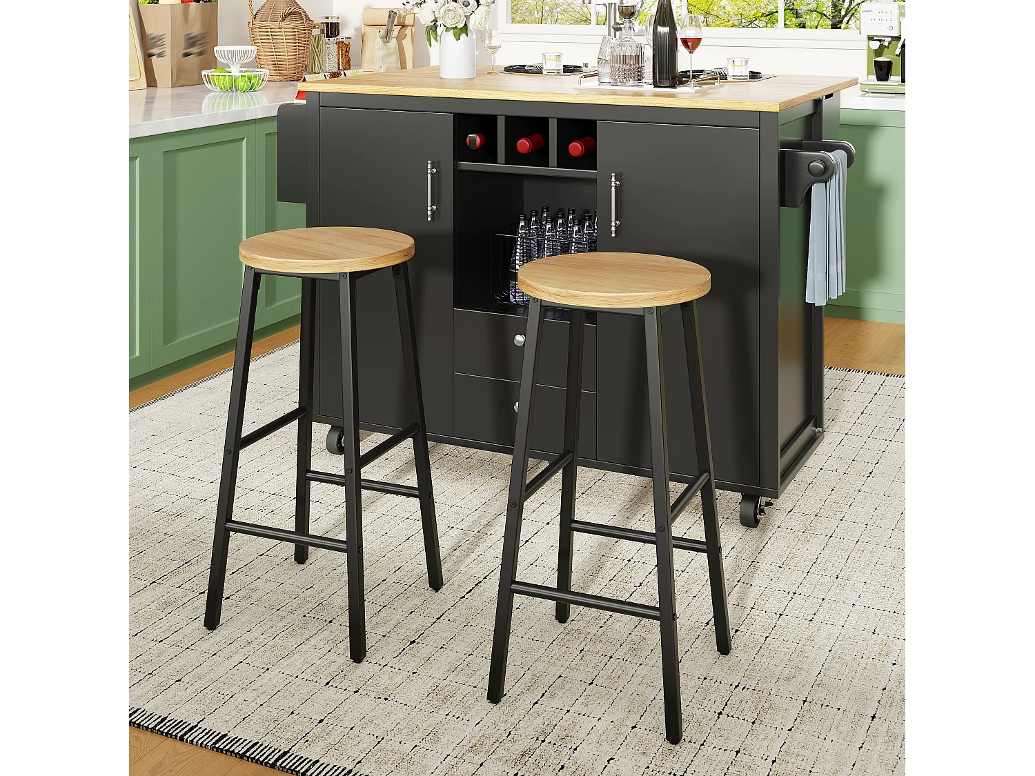 Lot de 2 Tabouret de bar avec repose-pieds et pieds réglables - MDF/métal - 30 x 30 x 63 cm - Noir + bois naturel