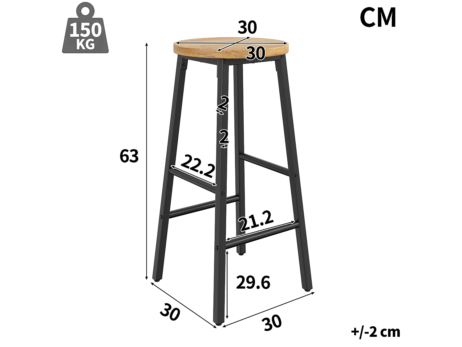 Lot de 2 Tabouret de bar avec repose-pieds et pieds réglables - MDF/métal - 30 x 30 x 63 cm - Noir + bois naturel