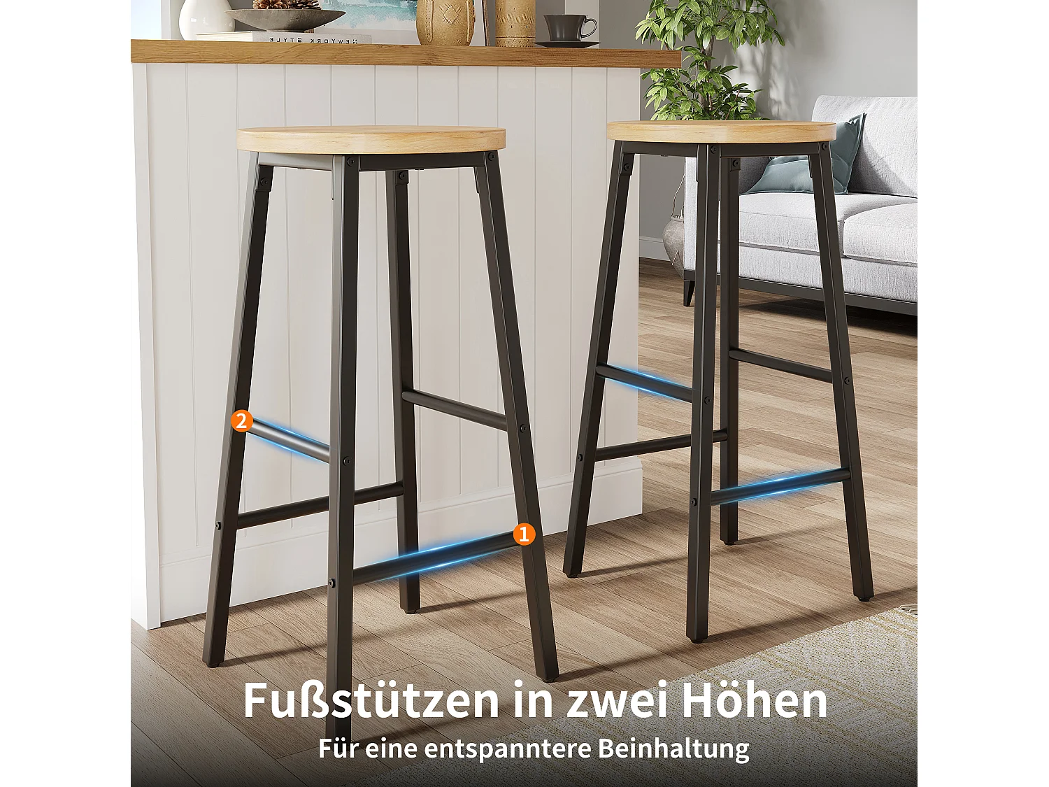Lot de 2 Tabouret de bar avec repose-pieds et pieds réglables - MDF/métal - 30 x 30 x 63 cm - Noir + bois naturel