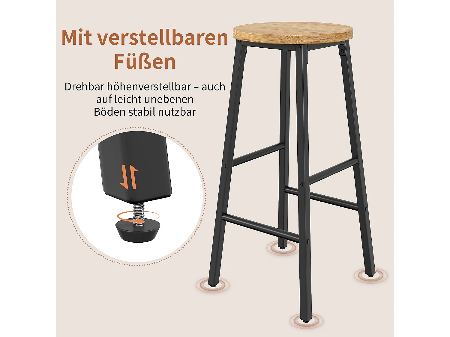 Lot de 2 Tabouret de bar avec repose-pieds et pieds réglables - MDF/métal - 30 x 30 x 63 cm - Noir + bois naturel