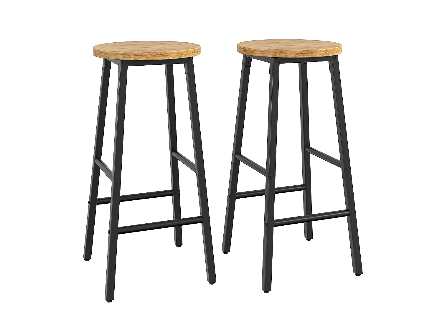 Lot de 2 Tabouret de bar avec repose-pieds et pieds réglables - MDF/métal - 30 x 30 x 63 cm - Noir + bois naturel