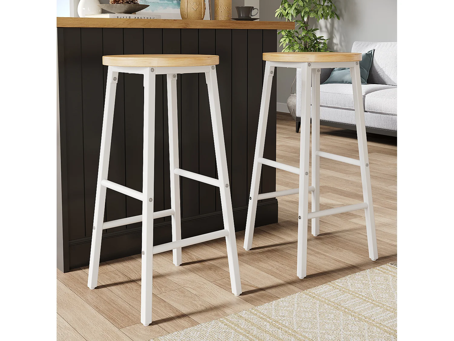Lot de 2 Tabouret de bar avec repose-pieds et pieds réglables - MDF/métal - 30 x 30 x 63 cm - Blanc + bois naturel