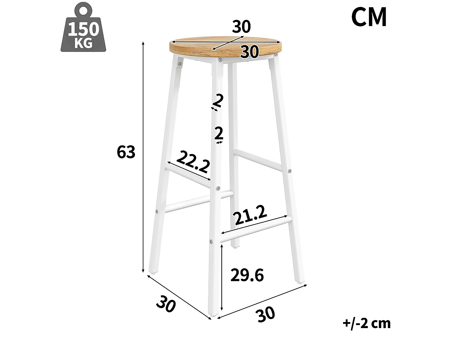 Lot de 2 Tabouret de bar avec repose-pieds et pieds réglables - MDF/métal - 30 x 30 x 63 cm - Blanc + bois naturel