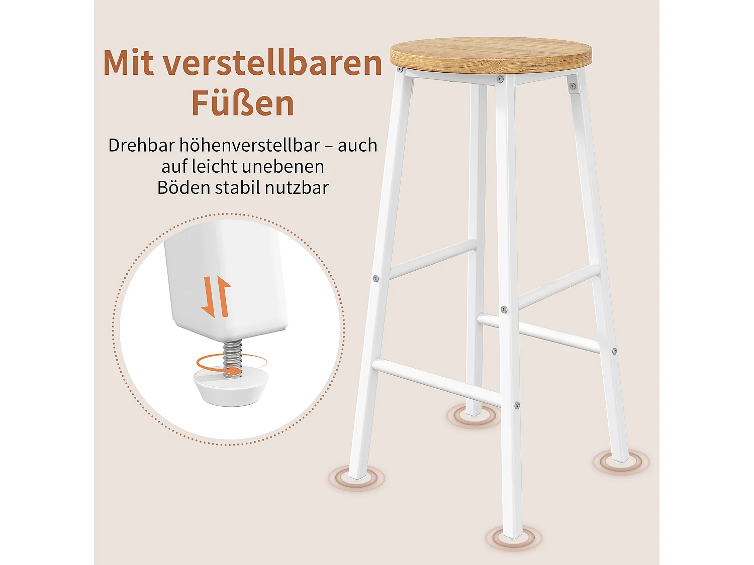 Lot de 2 Tabouret de bar avec repose-pieds et pieds réglables - MDF/métal - 30 x 30 x 63 cm - Blanc + bois naturel