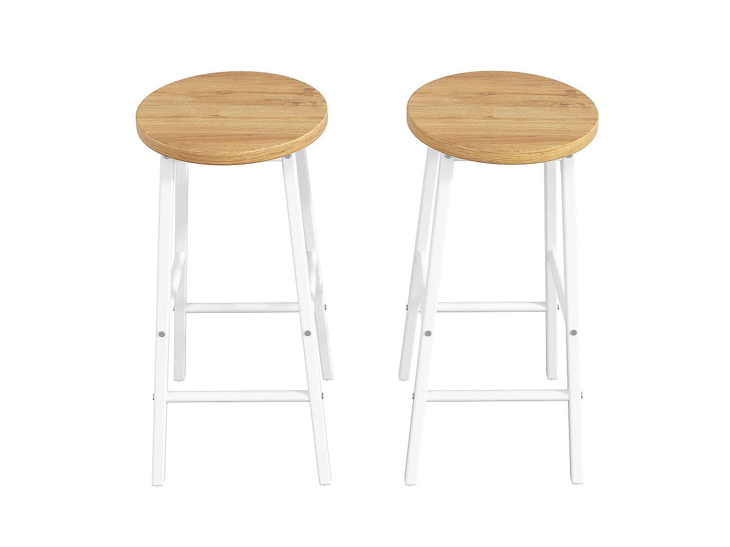 Lot de 2 Tabouret de bar avec repose-pieds et pieds réglables - MDF/métal - 30 x 30 x 63 cm - Blanc + bois naturel