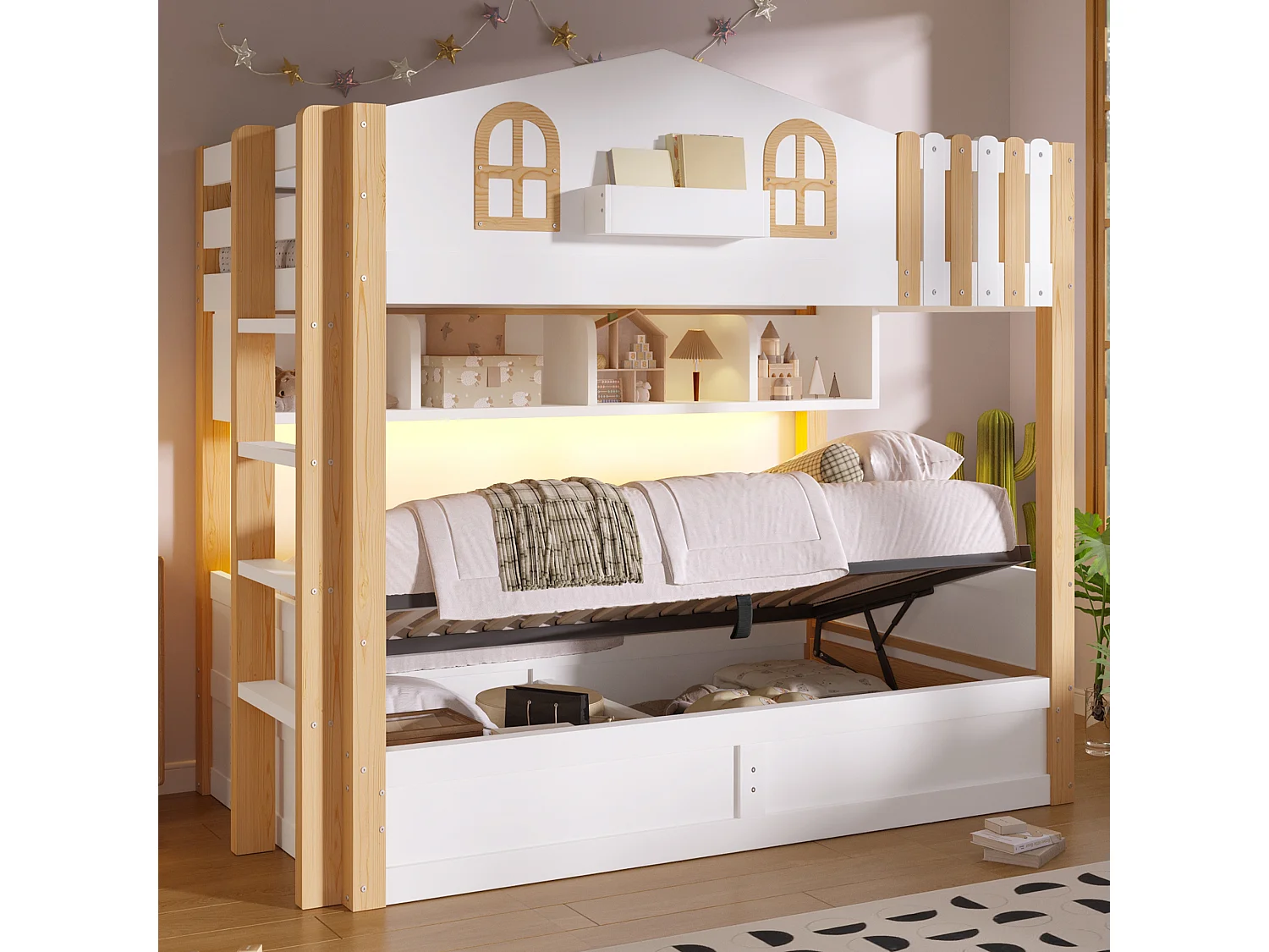 Etagenbett 2 x 90 x 200 cm mit Stauraum, LED-Beleuchtung und umkehrbarer Leiter – Massivholz Kiefer, MDF und Spanplatte – Weiß + Natur