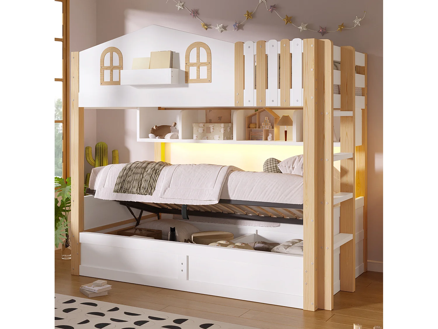 Etagenbett 2 x 90 x 200 cm mit Stauraum, LED-Beleuchtung und umkehrbarer Leiter – Massivholz Kiefer, MDF und Spanplatte – Weiß + Natur