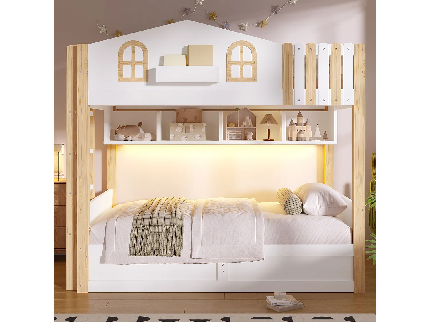 Etagenbett 2 x 90 x 200 cm mit Stauraum, LED-Beleuchtung und umkehrbarer Leiter – Massivholz Kiefer, MDF und Spanplatte – Weiß + Natur
