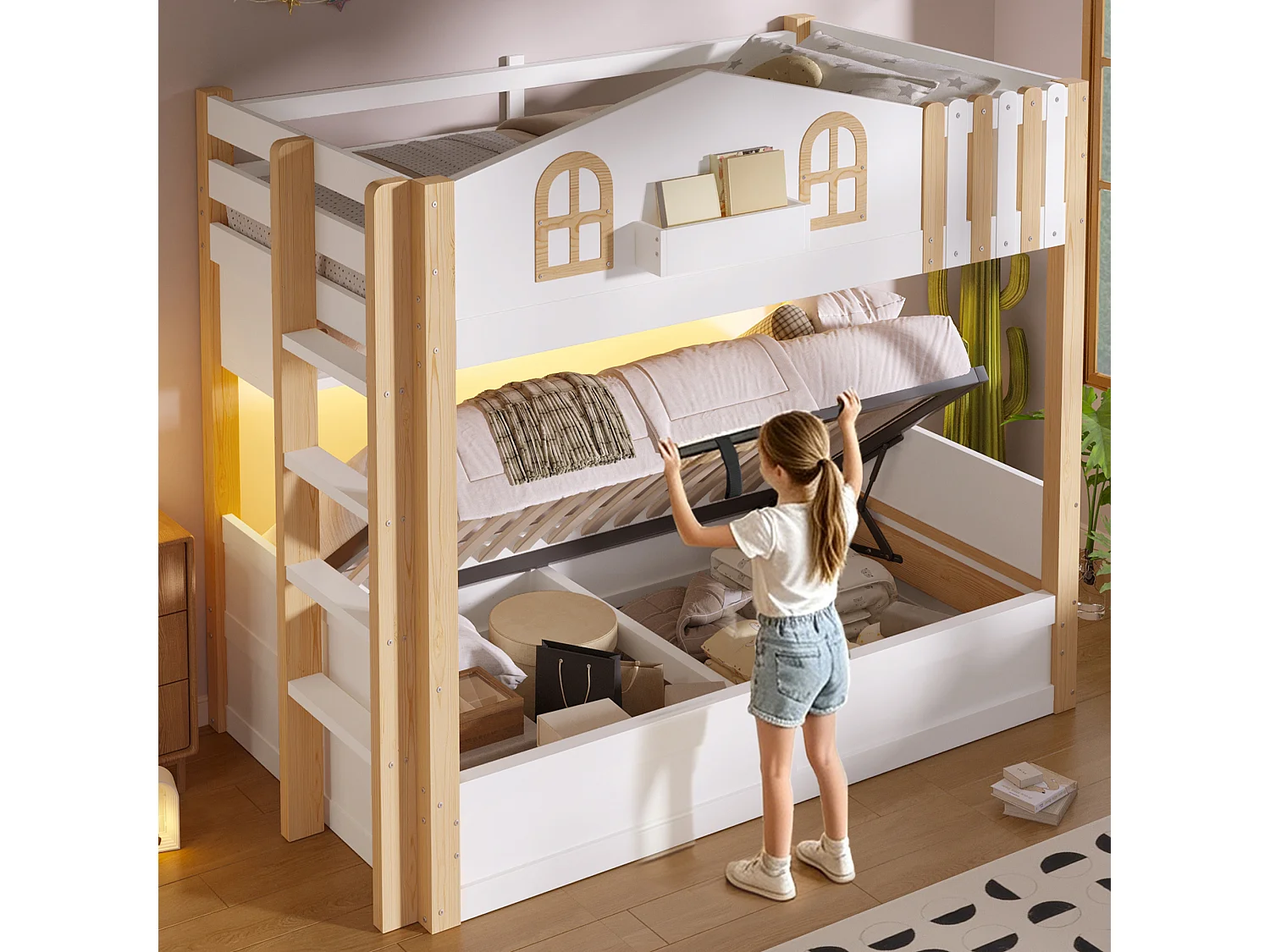 Etagenbett 2 x 90 x 200 cm mit Stauraum, LED-Beleuchtung und umkehrbarer Leiter – Massivholz Kiefer, MDF und Spanplatte – Weiß + Natur