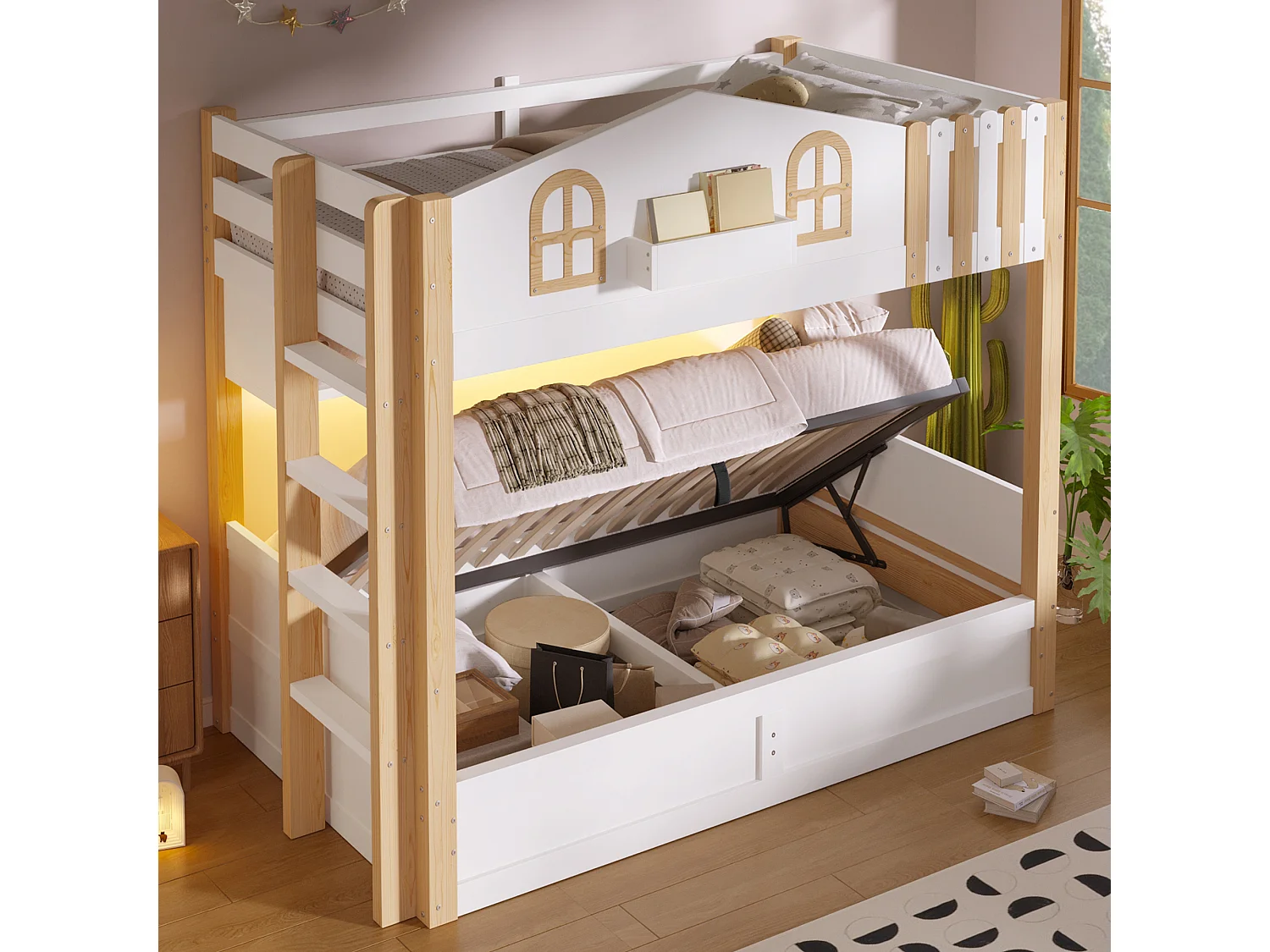 Etagenbett 2 x 90 x 200 cm mit Stauraum, LED-Beleuchtung und umkehrbarer Leiter – Massivholz Kiefer, MDF und Spanplatte – Weiß + Natur