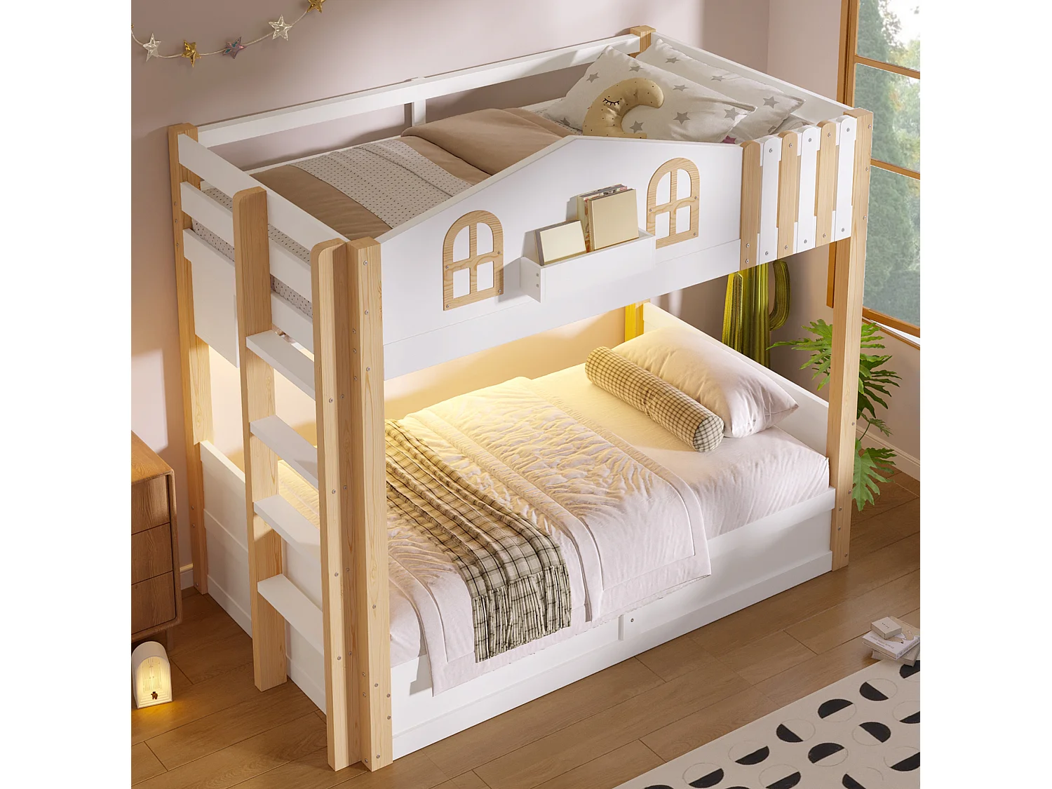 Etagenbett 2 x 90 x 200 cm mit Stauraum, LED-Beleuchtung und umkehrbarer Leiter – Massivholz Kiefer, MDF und Spanplatte – Weiß + Natur