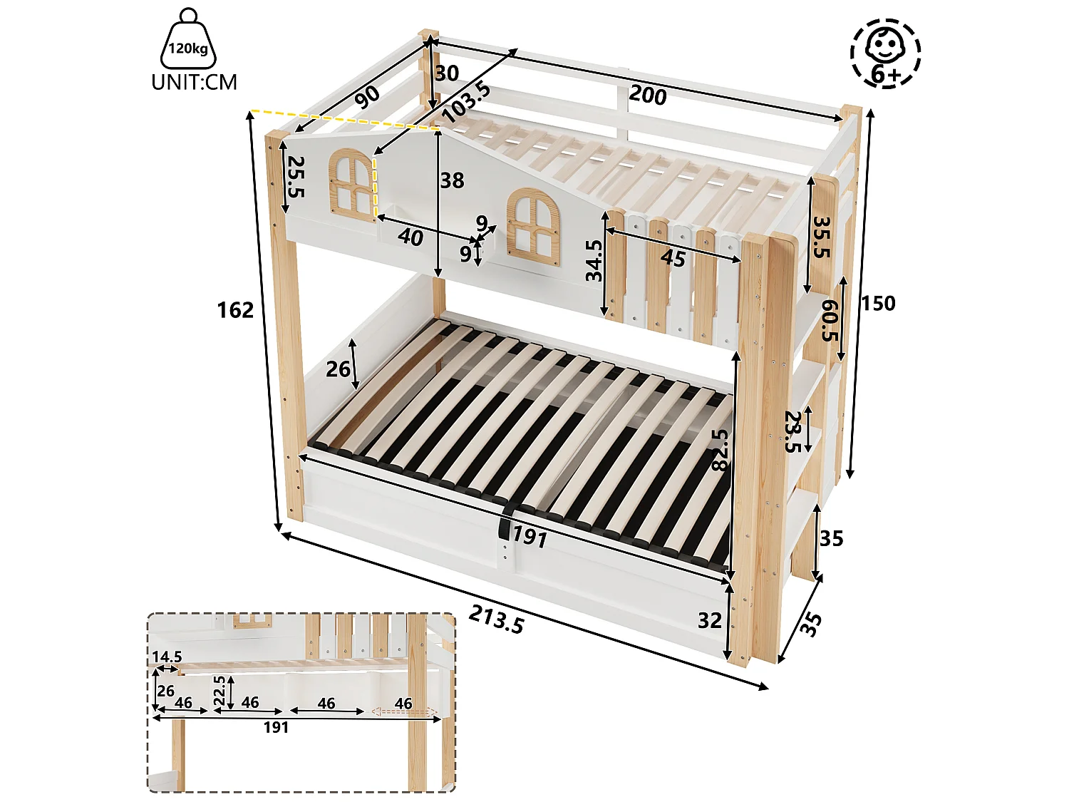 Etagenbett 2 x 90 x 200 cm mit Stauraum, LED-Beleuchtung und umkehrbarer Leiter – Massivholz Kiefer, MDF und Spanplatte – Weiß + Natur