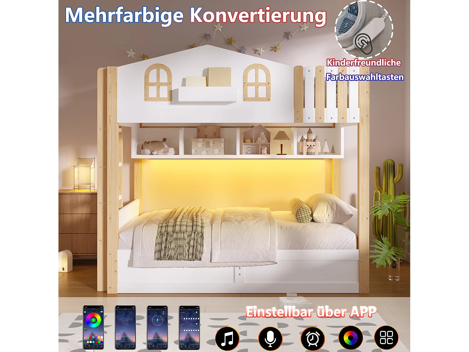 Etagenbett 2 x 90 x 200 cm mit Stauraum, LED-Beleuchtung und umkehrbarer Leiter – Massivholz Kiefer, MDF und Spanplatte – Weiß + Natur