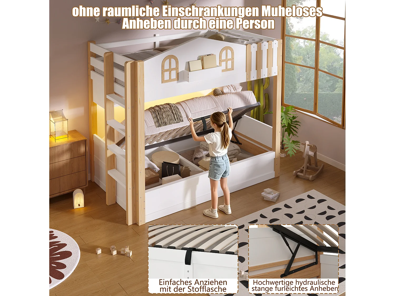 Etagenbett 2 x 90 x 200 cm mit Stauraum, LED-Beleuchtung und umkehrbarer Leiter – Massivholz Kiefer, MDF und Spanplatte – Weiß + Natur