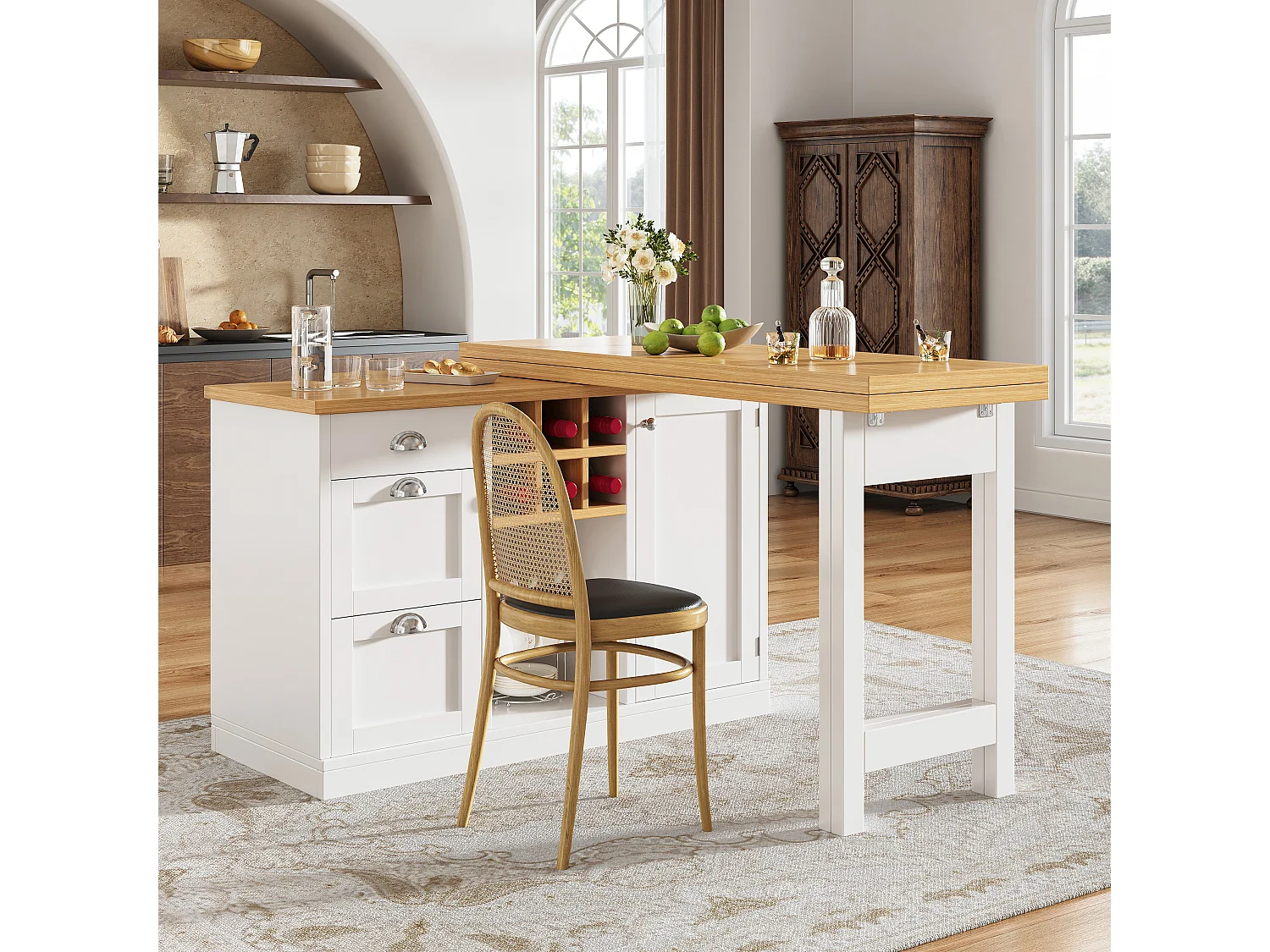 Îlot de Cuisine Multifonctionnel 120-197cm - Table de Bar Pivotante 360°, Rangement Vin & Tiroirs, Design Gain de Place, MDF - Blanc