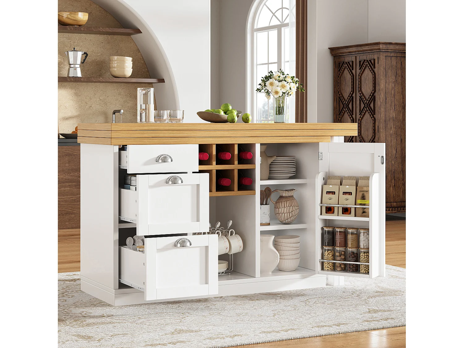Îlot de Cuisine Multifonctionnel 120-197cm - Table de Bar Pivotante 360°, Rangement Vin & Tiroirs, Design Gain de Place, MDF - Blanc
