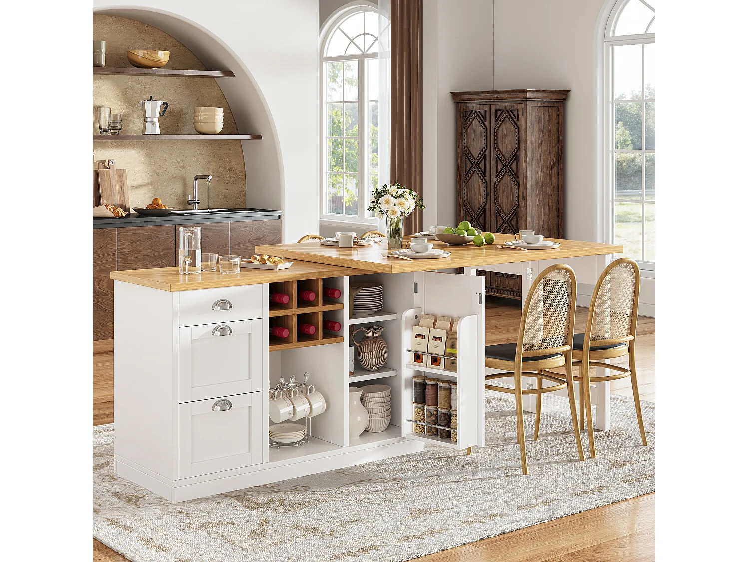Îlot de Cuisine Multifonctionnel 120-197cm - Table de Bar Pivotante 360°, Rangement Vin & Tiroirs, Design Gain de Place, MDF - Blanc