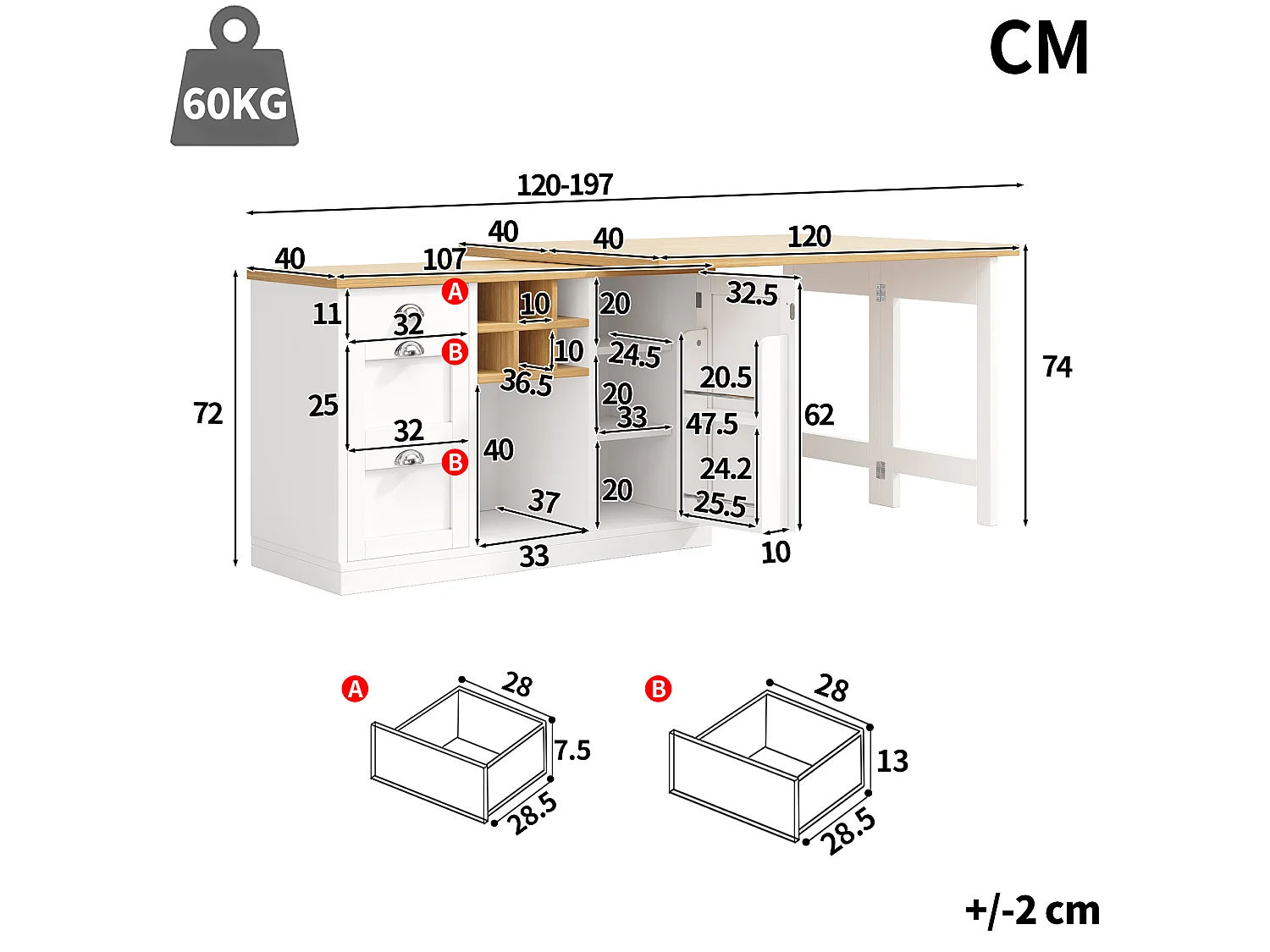 Îlot de Cuisine Multifonctionnel 120-197cm - Table de Bar Pivotante 360°, Rangement Vin & Tiroirs, Design Gain de Place, MDF - Blanc