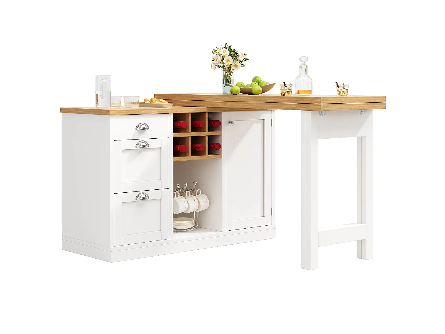 Îlot de Cuisine Multifonctionnel 120-197cm - Table de Bar Pivotante 360°, Rangement Vin & Tiroirs, Design Gain de Place, MDF - Blanc