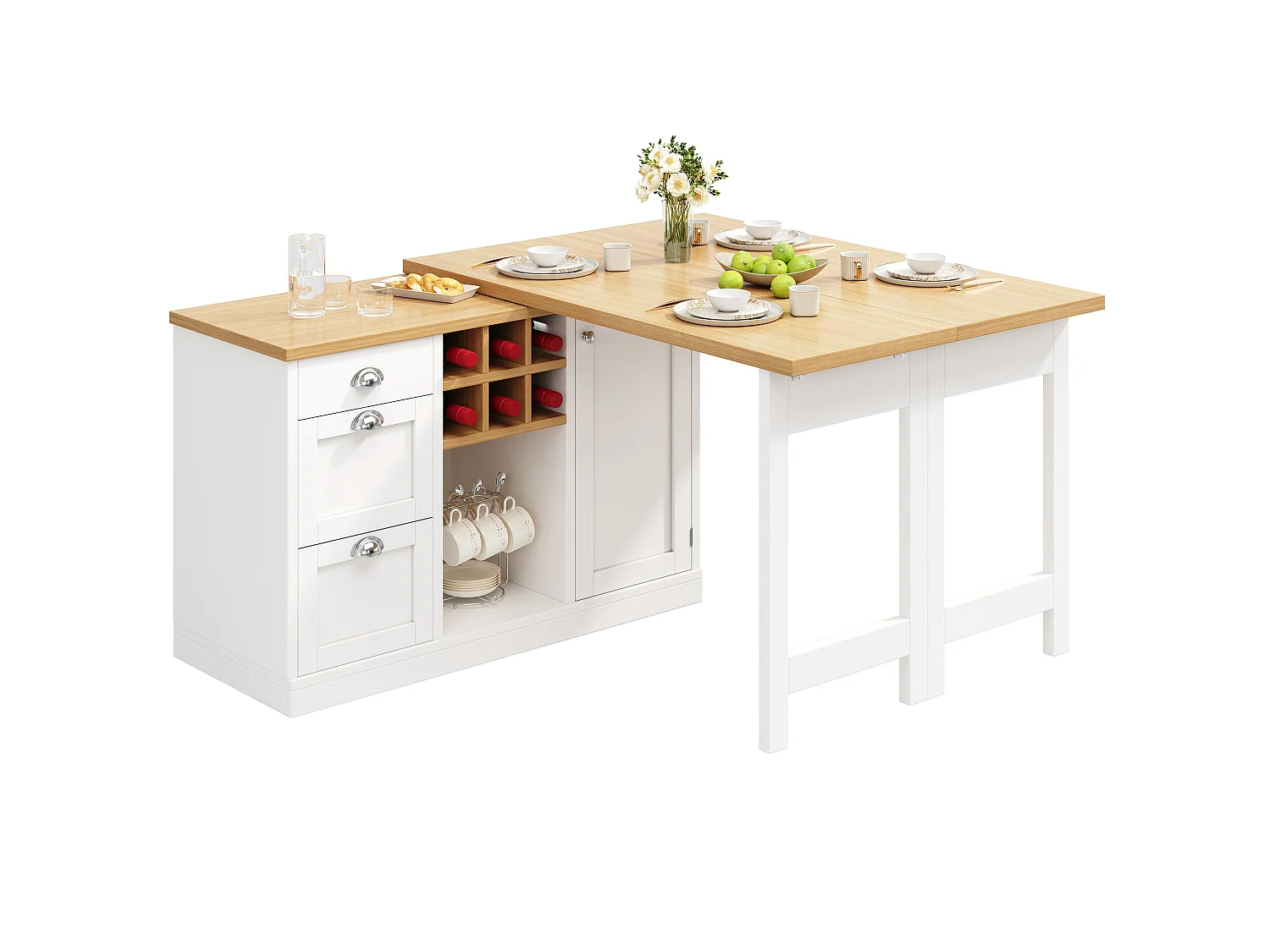 Îlot de Cuisine Multifonctionnel 120-197cm - Table de Bar Pivotante 360°, Rangement Vin & Tiroirs, Design Gain de Place, MDF - Blanc